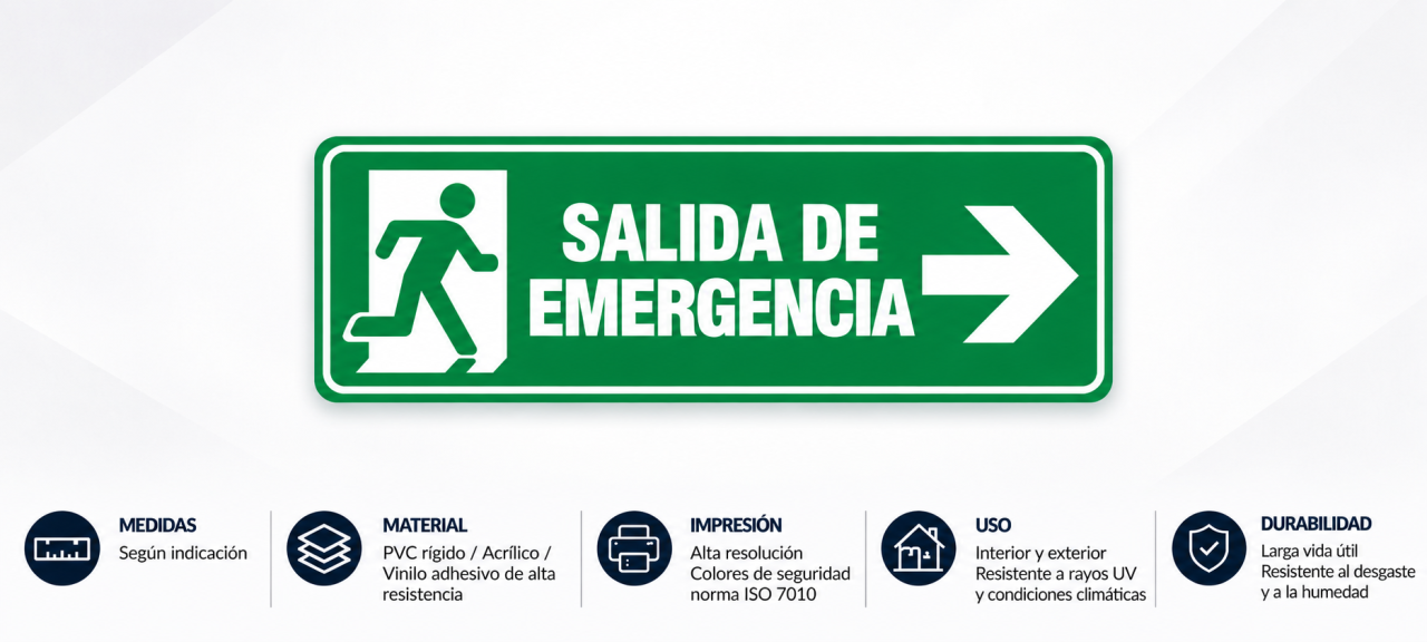 Cartel de salida de emergencia y especificaciones
