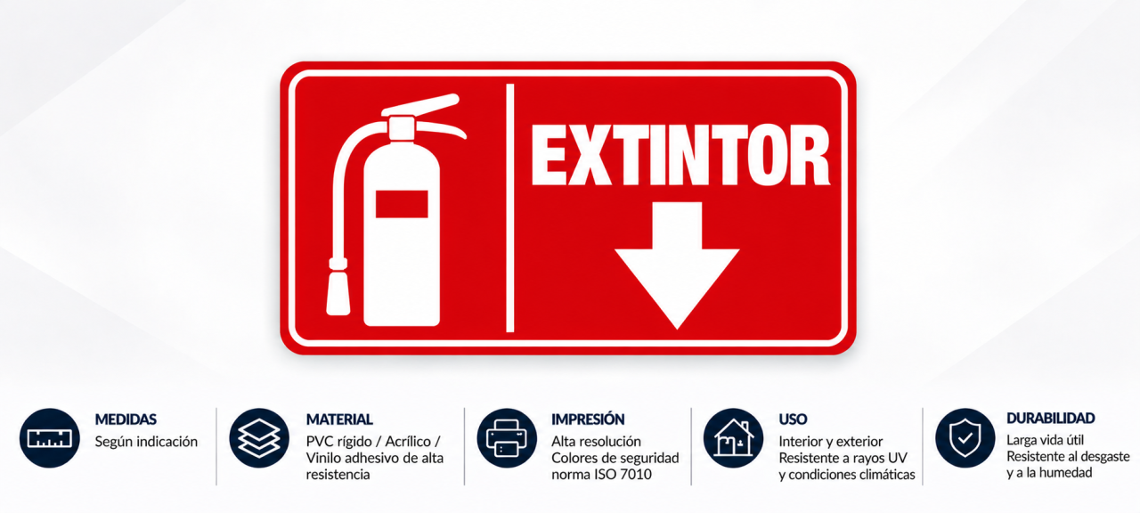 Cartel moderno de extintor con especificaciones en fila