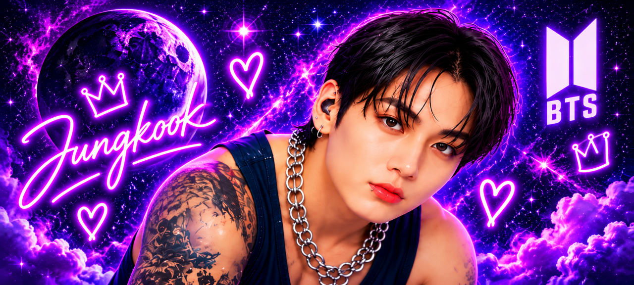 Jungkook entre galaxias de neón púrpura