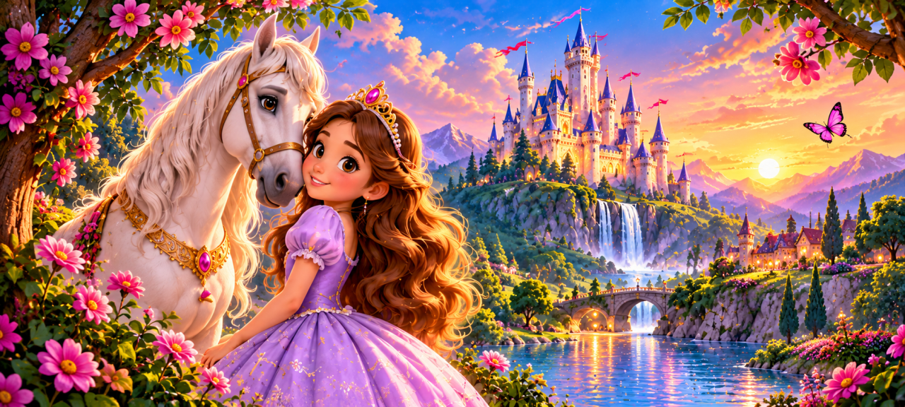 Princesa y caballo bajo el atardecer mágico